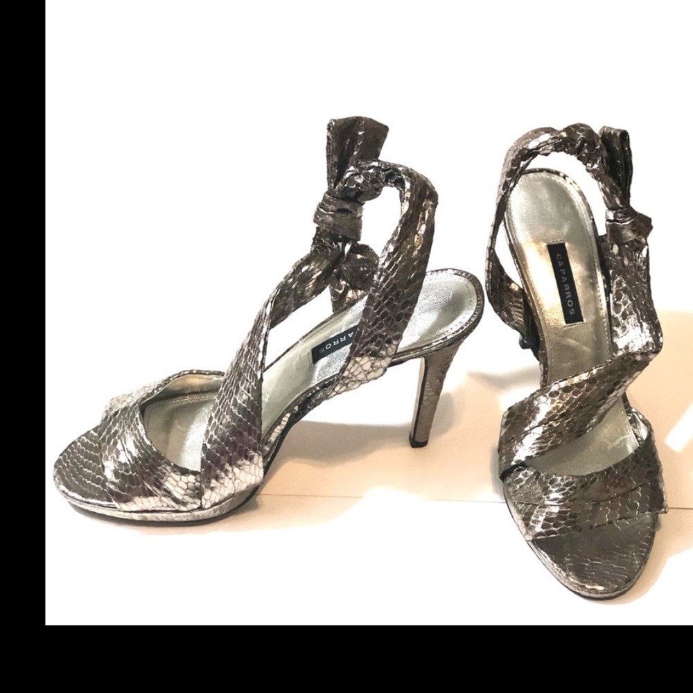Caparros Metallic Pewter Snakeskin Slingback‎ open toe Heels